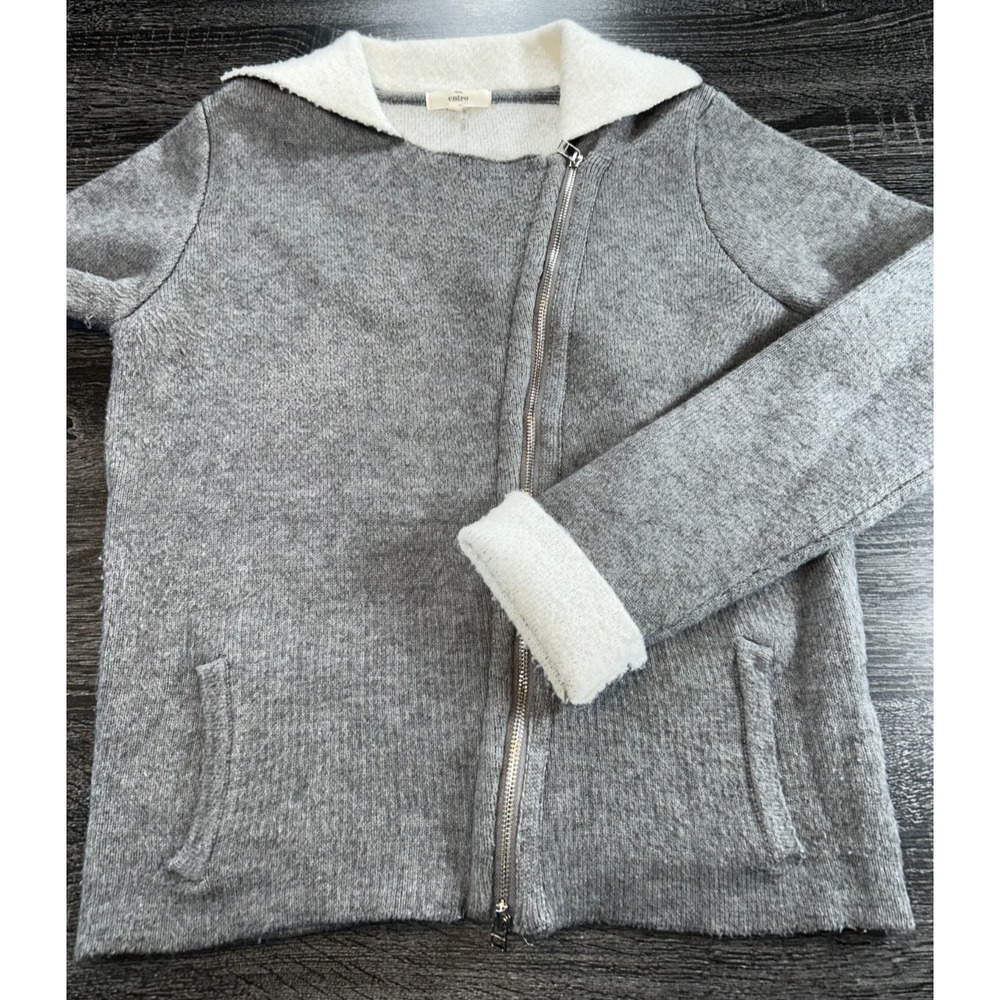 Entro Gray Knit Zip Up Jacket Sherpa Lined Collar Women's Size Small Cozy Casual